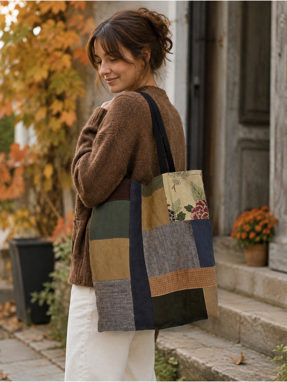 Patchwork Linen Tote Bag in Olive, Navy & Tan